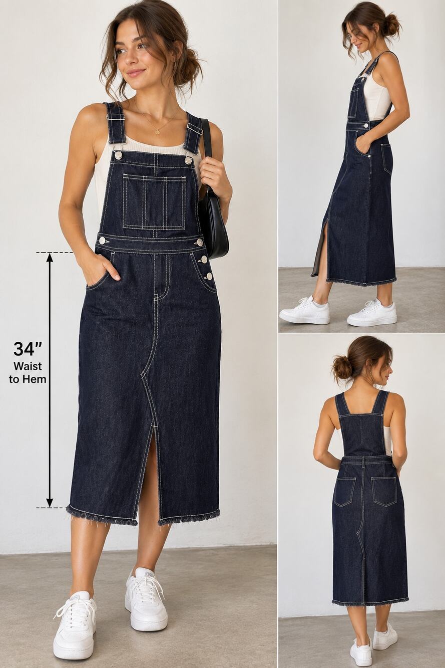 Phange Denim Overall Midi Dress Y2K Sm Dark Indigo Pinafore Raw Hem Grunge Rodeo